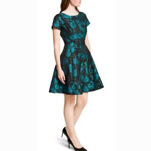 Antonio Melani Short-sleeve Black Blue Shimmer Floral jacquard Dress size 6